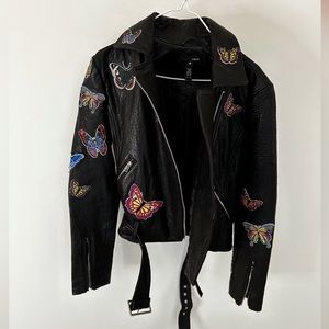 Black Aqua Leather Butterfly Moto Jacket